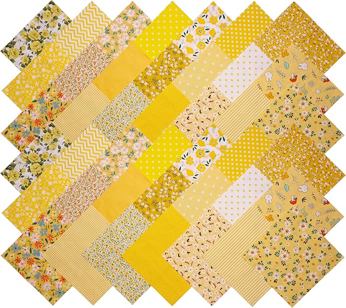 Hanjunzhao 42Pcs 10" Layer Cake Fabric - Layer Cakes 10 inch Squares for Quilting - Polka Dots Striped Star Solid Floral Print Cotton Fabric Squares 10x10 for Sewing, Quilts, and Crafts (Yellow)