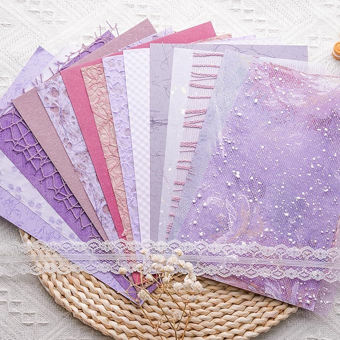 15Pcs Handmade Scrapbook Art Paper Craft Textured Paper Colorful A5 sheet Mesh Special Paper Mix for Scrapbooking Junk Journal Journaling Supplies DIY Materials,5.8x8.2 inches (Purple)