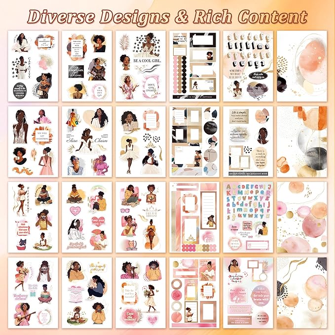 Black Girl Decal Stickers Book For Planners, Calendars, Journals, Vision Boards, Projects, Laptop & Water Bottles – Premium Quality, Hand Drawn, Waterproof – Scrapbook Accessories For Women - 24 Pages