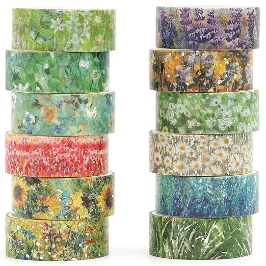 12 Rolls Flowers Washi Tape Set Floral Arts Adhesive Tapes Splast Silver Decorative Masking Tape Sets for Craft, Kids, Scrapbook, DIY, Gift Wrapping (Spring Serenity)