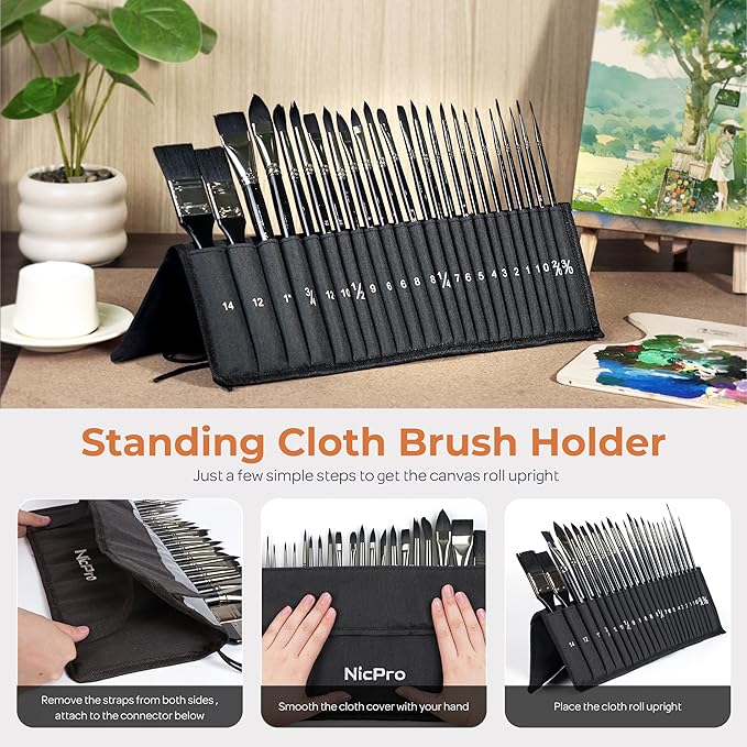 Nicpro Watercolor Brushes Professional, 24pcs Soft Synthetic Squirrel Hair Watercolor Paint Brush Set with Cloth Roll, Round, Flat, Filbert, Dagger, Cat Tongue for Water Color Gouache Inks Painting