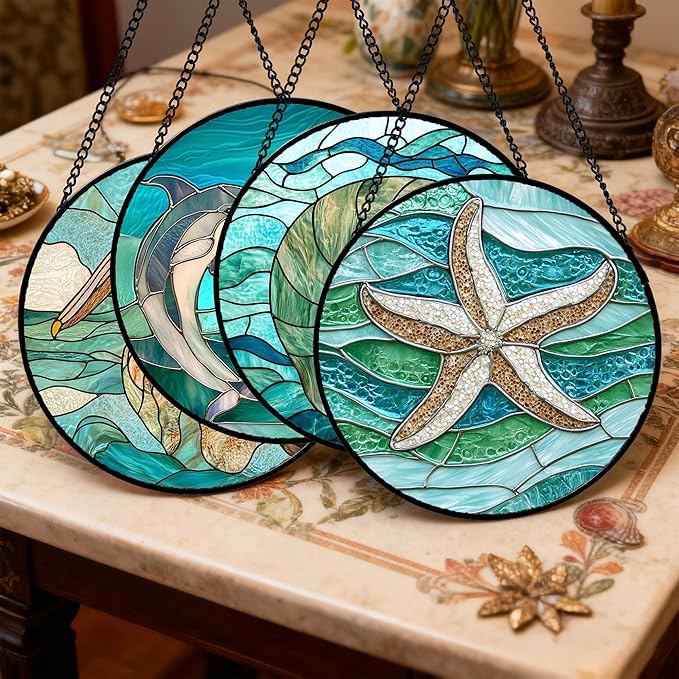 Stained Glass Window Hanging 4 Pcs Set Cyan Ocean Life Theme Large 15" - Sea Starfish Suncatcher Door Garden Sun Catcher Decor Birthday for Mom Woman Nana Men Friend