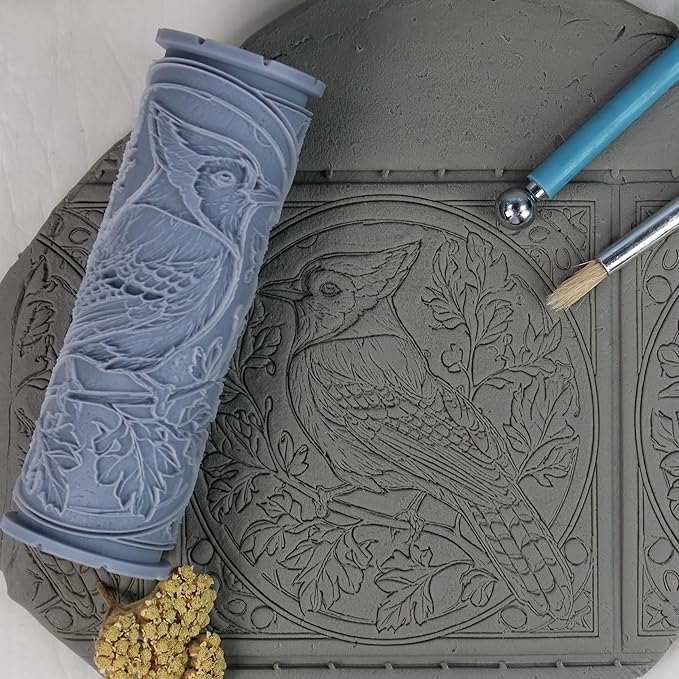 Blue Jay Clay Texture Roller (4") - Bird Set #02 - Embossing Pattern Roller for Polymer & Ceramic Clay, Pottery & Crafts