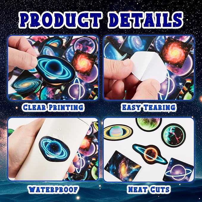 Neon Planets Water Bottle Stickers for Kids, 70 PCS Vinyl Space Waterproof Decals for Laptop Phone Case, Solar System Decor for Adults Kids Girls Boys