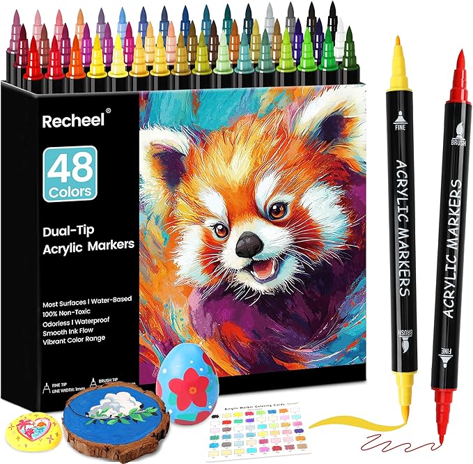 48 Colors Acrylic Paint Markers, Dual Tip with Precision Fine Tip and Versatile Brush Tip Pens for Creative DIY, Crafting, Stone, Wood, Canvas, Glass, Metal, and More
