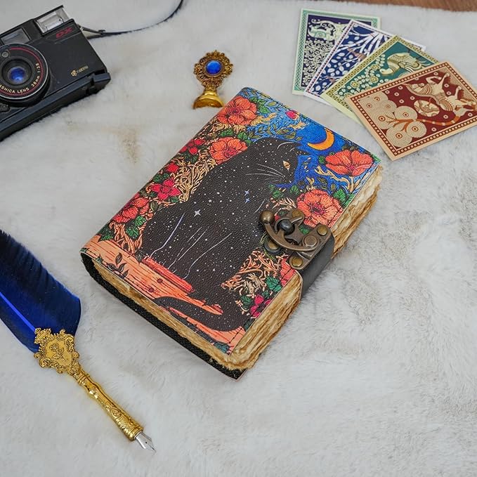 Blank Spell Book of Shadows Grimoire Journal Magic Cat Printed Witchcraft Supplies Witch Wiccan Notebook Handmade Vintage Deckle Paper Leather Sketchbook, Great Gifts 7x5 inches