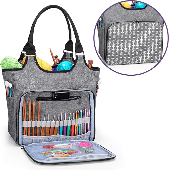 YARWO Knitting Tote Bag, Yarn Storage Organizer for Yarn Skeins, Knitting Needles, Crochet Hooks and Knitting Projects, Christmas & New Beginnings Gifts for Women, Gray with Arrow (Patent Pending)