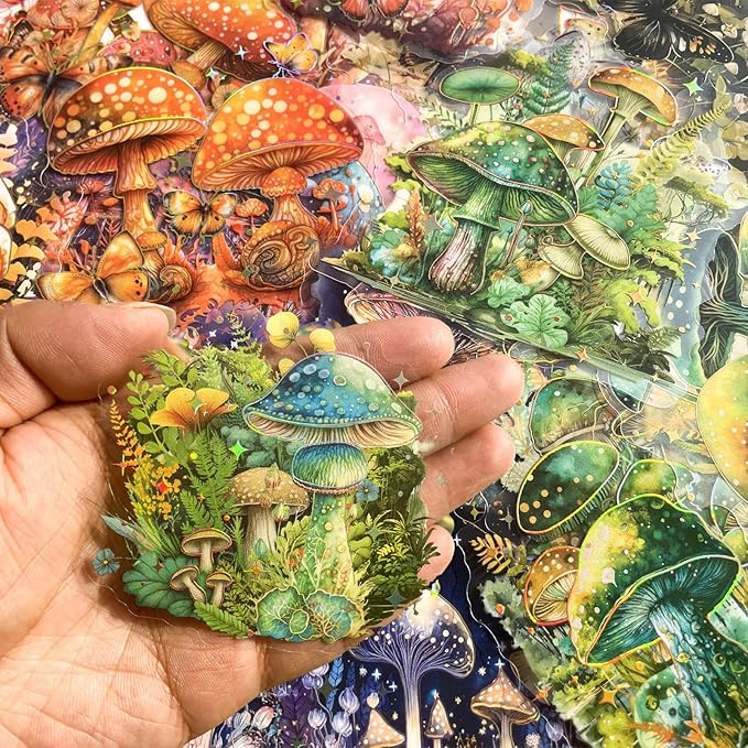 60PCS Holographic Mushroom Stickers for Scrapbooking – Clear Fairycore Aesthetic Stickers with Fantasy Glow, Cottagecore Fungi Forest Decals for Journaling, Planners, Resin Crafts, Laptop Decor