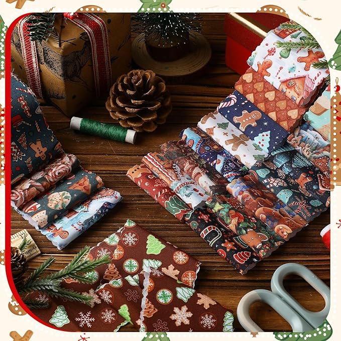 40 Pcs Christmas Gingerbread Man Quilting Fabric Roll 2.56 Inch Precut Fabric Squares Jelly Patchwork Candy Canes Strips Materials for Winter Xmas Holiday Craft Sewing Panels DIY