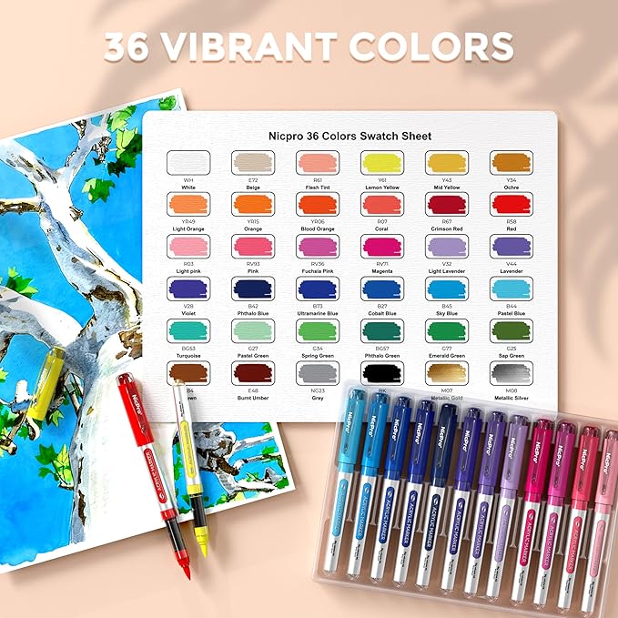 Nicpro 36 Colors Acrylic Paint Markers Brush Tip, Water-Based No-Bleed Paint Markers with Automatic Ink Control, Waterproof Acrylic Paint Pens for DIY Art & Crafts – Rock, Wood, Glass, Ceramic, Fabric