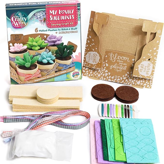Felt Succulents Craft Kit. Make 6 Potted Colorful Plushies & A Display Rack. Mini Garden DIY Sewing Project, Activity Set, Arts & Crafts Supplies - Great Gift for Teens and Adults
