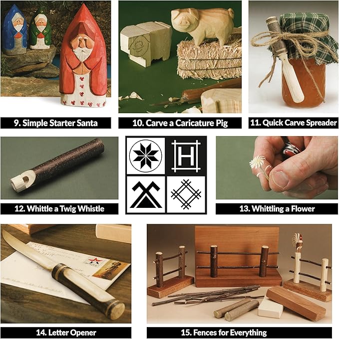 Hutsuls K.37 Wood Carving Kit for Beginners - Pre-Sized Basswood Carving Blocks & Sticks for 15 Projects, All-in-One Wood Whittling Kit for Beginners, Includes Wood Whittling Book for Beginners Kids