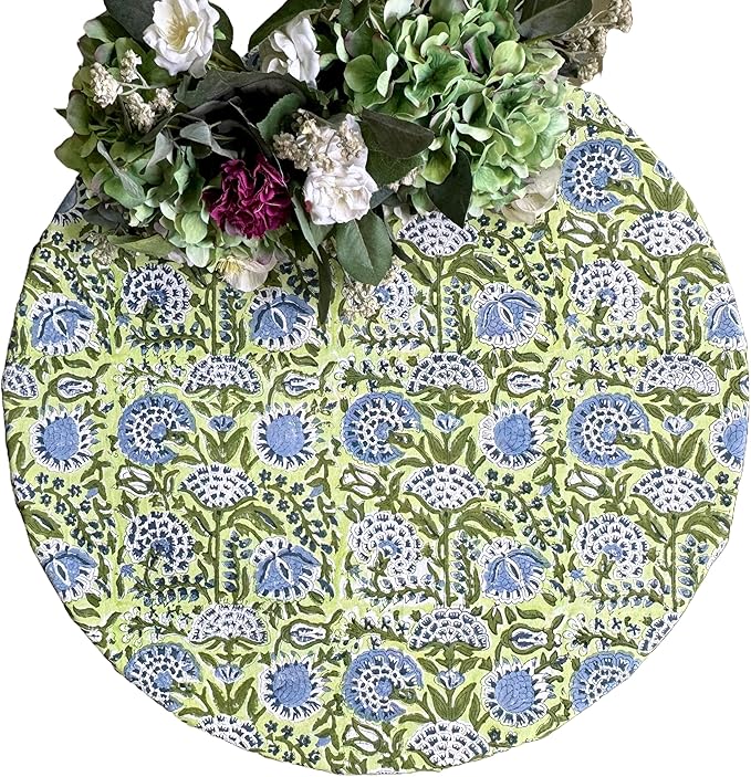 ATOSII Amara 100% Cotton Round Summer Tablecloth, Handblock Print Floral Table Cloth for Kitchen Dining Linen I Parties, Weddings, Outdoors I Grand Millennial Farmhouse Home Decor 72" Inches Round
