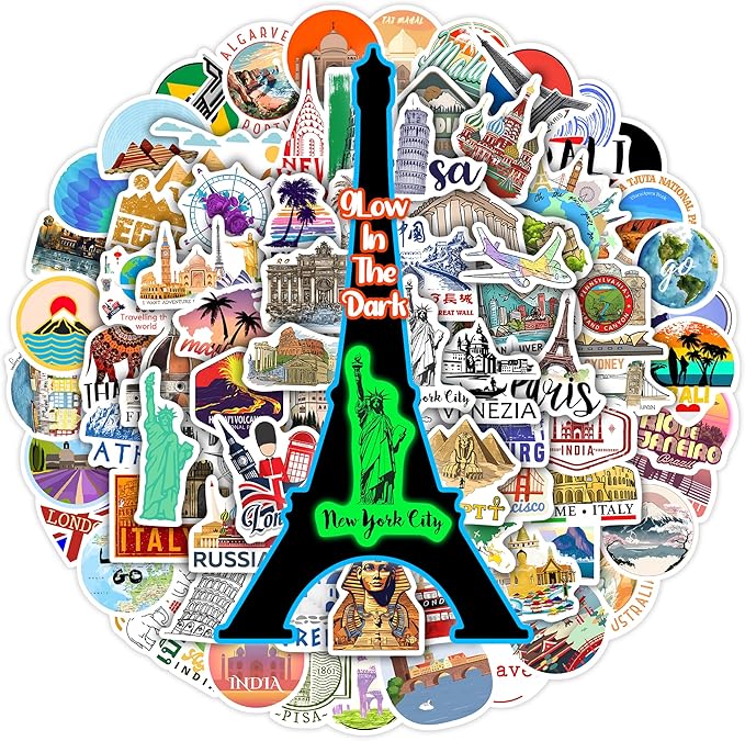 100 Pcs World Featured Architecture Sticker for Water Bottle, Adults Waterproof Vinyl Travel Map Laptop Decals, Girls Kids Teens Phone Case Vintage Aesthetic Stickers