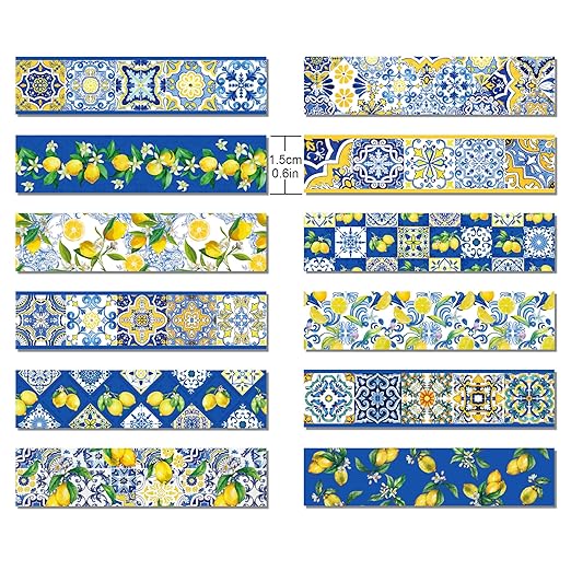 Adirasenotek Lemon Washi Tape 12 Rolls, Blue Tiles Yellow Lemon Printed Decorative Washi Tape Set, DIY Art Crafts Wrapping Decor for Gifts Wrapping,Wedding Bridal Shower