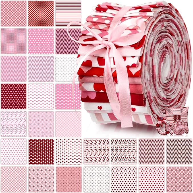 60 Pcs Christmas Quilting Fabric Roll 2.6 x 40 Cotton Fabric Strips Precut Jelly Patchwork for Craft Sewing(Valentines)