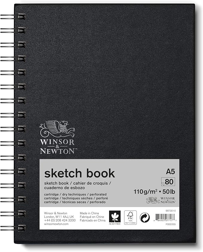 Winsor & Newton 6673010 Sketchbook with 80 Sheets Sketch Paper, 110 g/m², Hardcover Bound with Back, Micro-Perforated Sheets, Spiral Bound, DIN A5
