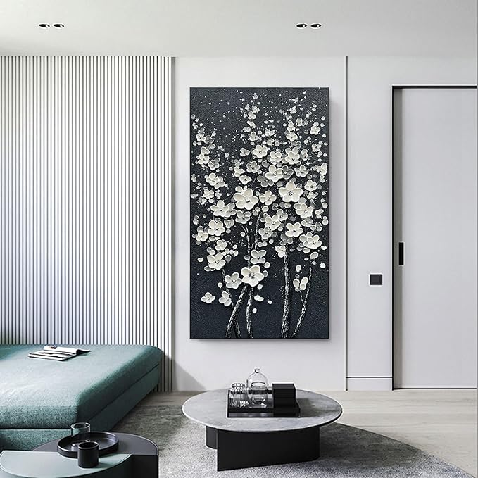 Art 24x48 Inches Hand-Painted White Flower Tree Art Oil Painting Modern Abstract Home Wall Decoration