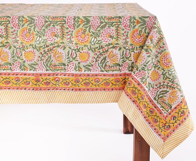 ATOSII Clover Green 100% Cotton Rectangle Boho Summer Tablecloth, Block Print Floral Table Cloth Linen for Dining, Parties, Weddings, Outdoors Home Decor 72 X 108 Inches I 8 Seater