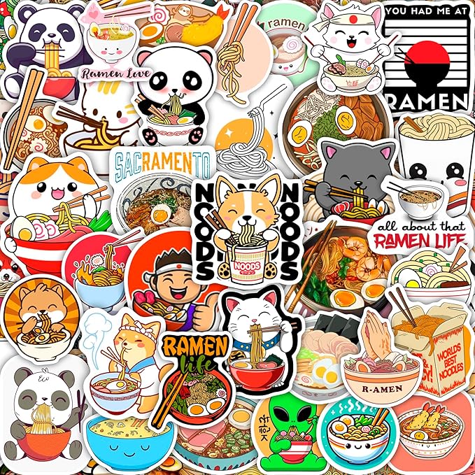 BulbaCraft Ramen Stickers for Water Bottle and Laptop - Foodie Party Supplies & Decorations, Waterproof Vinyl Noodle Decals, Cute Ramen Stickers Laptop Decals, Gifts for Women & Men