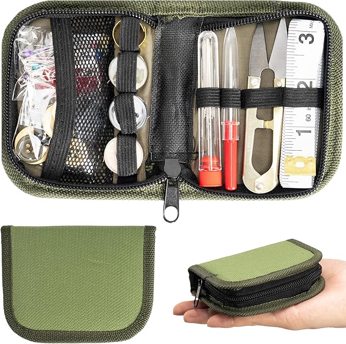 VEPKOIT Military Survival Sewing Kit, Portable Sewing Kit with Buttons for Men or Women, Small Repair Tools with Zipper Closure in Durable Nylon Case for Travel Field Emergency (Army Green)