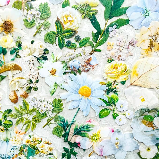 100 Pcs White Floral Stickers for Scrapbooking – Clear Flower Plant Decals, Aesthetic Botanical Watercolor Stickers for Journaling, Planners, Cards, Resin Crafts