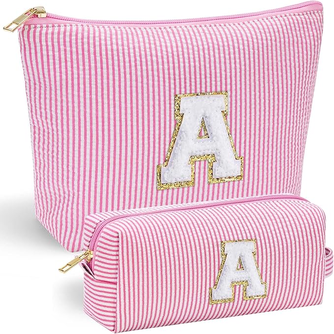 YOOLIFE Initial Makeup Bag Cosmetic Bag Birthday Gift for Women | Travel Toiletry Bags Girlfriend Teacher Gift 11 12 13 14 15 16 Years Old Girl Gifts Teen Girl Gifts Trendy Stuff Pink A