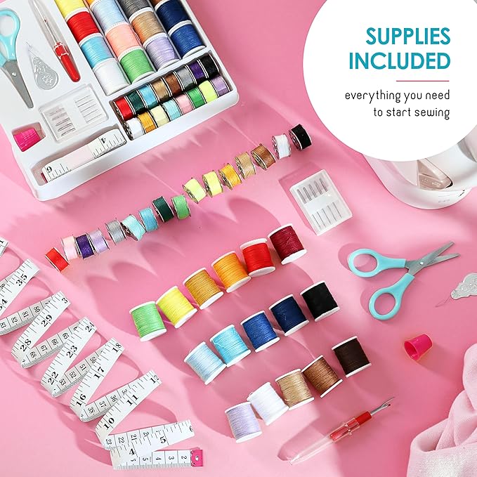 CraftBud Mini Sewing Machine for Beginners, Dual Speed Small Portable Sewing Machine for Kids and Adults with Extension Table, 48 Piece Gift Set Includes, Pedal, Projects Book, Light and More, White