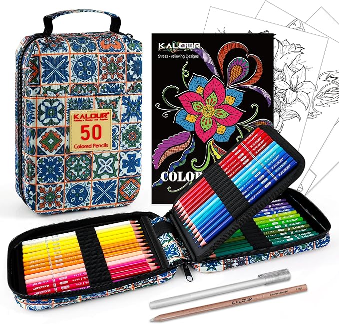 KALOUR Premium Colored Pencils for Adult Coloring Book,Set of 50 Colors,with Zipper Slot Pencil Case,Soft Core,Ideal for Layering Blending,for Artists Beginners
