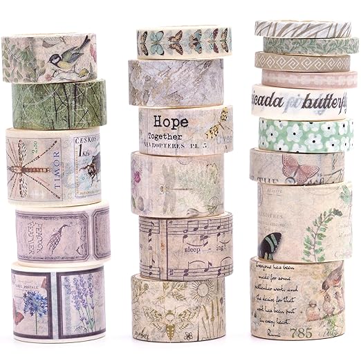20 Rolls Vintage Washi Tape Set Retro Arts Adhesive Tapes Fleeting Monologue Decorative Masking Tape Sets for Craft, Kids, Scrapbook, DIY, Gift Wrapping (Tracks in The Jungle)
