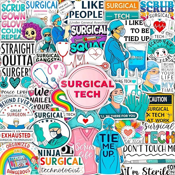 100Pcs Surgical Tech Stickers for Water Bottle, Laptop, Scrub Tech Stickers - Surgical Technologist Gifts Bulk - Gift for Women & Men