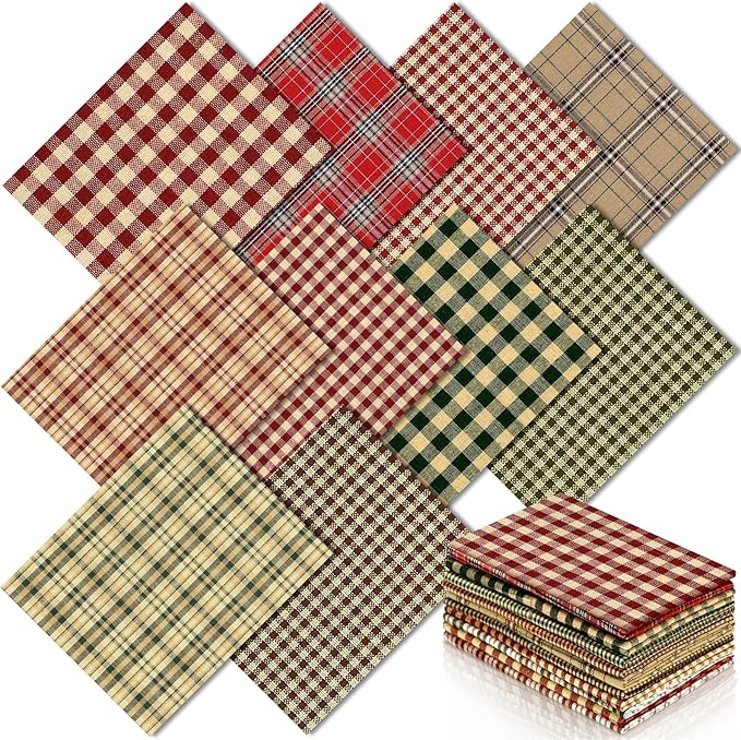 Hahafelt 10 Pcs Vintage Christmas Quilting Fabric 18 x 22 Inch Plaid Homespun Cotton Fabric Jelly Squares Lattice Rustic Precut Santa Claus Quilting Strips for Xmas Craft Sewing DIY