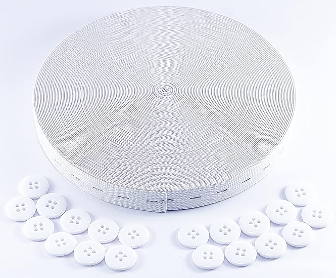 Flat Sewing Band Spool with Buttonholes, Elastic Stretchable, Ideal for DIY Waistbands and Necklines (White, 3/4 inch × 20 Yards)
