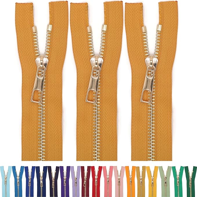 #5 Gold Metal Zipper - 50+ Colors - 3 PCS - (4-14 inches) Sizes - Luxury Lightweight Handcraft Metal Zippers with pulls for Purses Bags Pockets Shoes Sewing & Crafts DIY ZP021414