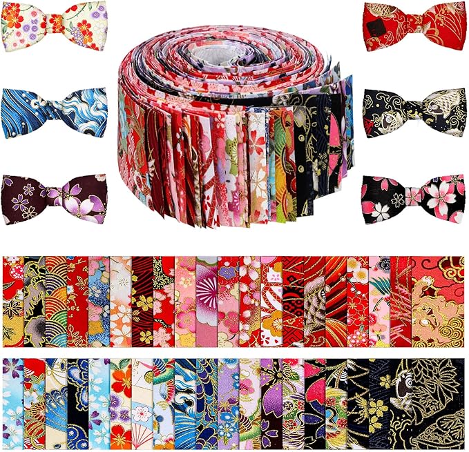 Tegeme 40 Pcs Japanese Jelly Fabric Strips for Quilting, Patchwork Roll 2.55 Inch Roll up Cotton Fabric Patchwork Craft for Quilters and Sewing DIY Crafts (Japanese Style)