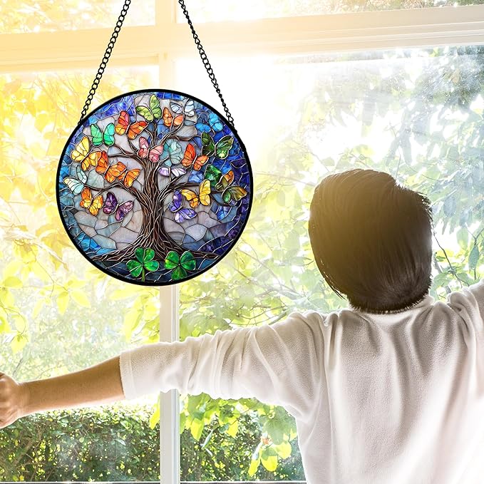 Stained Glass Window Hanging, Butterfly Tree Clover Sun Catchers Glass Panel Blue Suncatcher Decor for Birthday for Women, Men, Wife, Aunt, and Mom 9.8 in