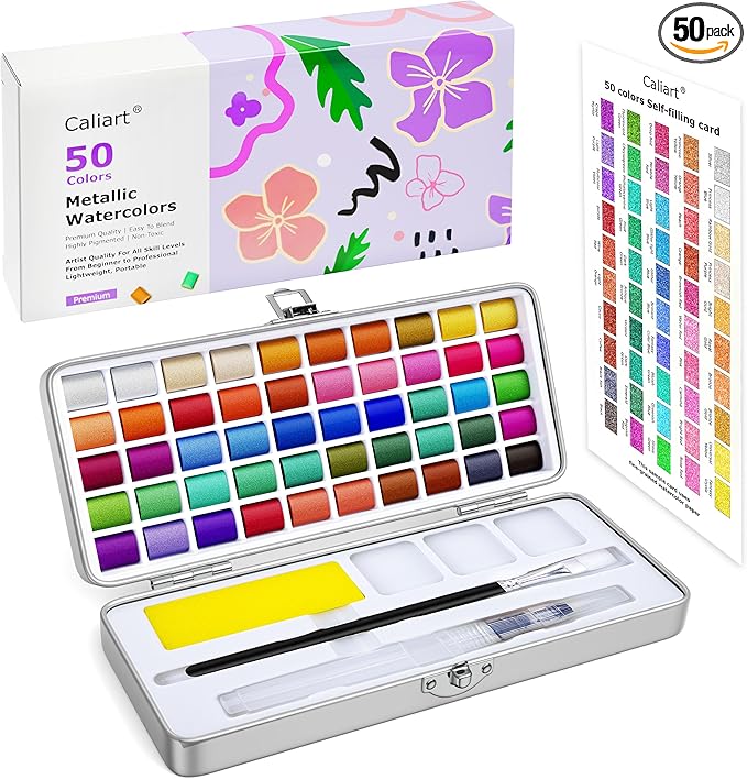 Caliart Metallic Watercolor Paints, 50 Colors Glitter Watercolors Set with 1 Brush, Portable Travel Painting Kit Gifts for Adults Artists Beginners Painters Art Supplies
