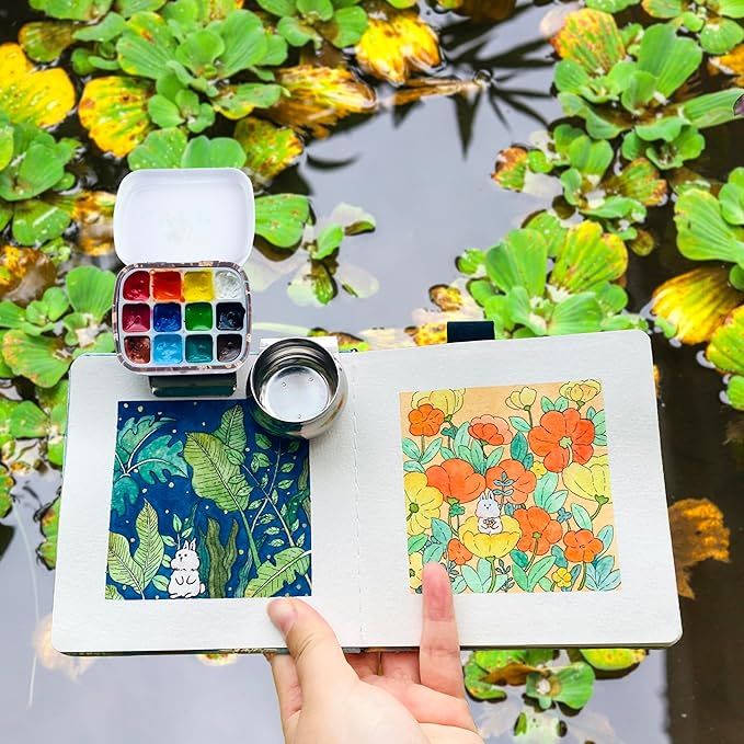 Portable Mini Tin Box,12-Well Empty Watercolor Palette,Small Paint Storage Travel Artist Outdoor Sketch Watercolor Kits with Magnetic Clip and Oil Pot.Famous Painting