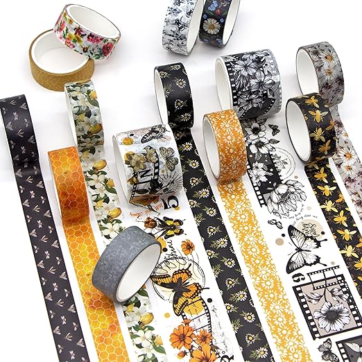 Vintage Bee & Floral Decorative Washi Tape Set - 14 Rolls Retro Honeycomb, Blossom Design craft tape Pack for Journaling, Scrapbooking,Junk Journal, Bullet Journaling , 2 Sizes Decorative Masking Tape
