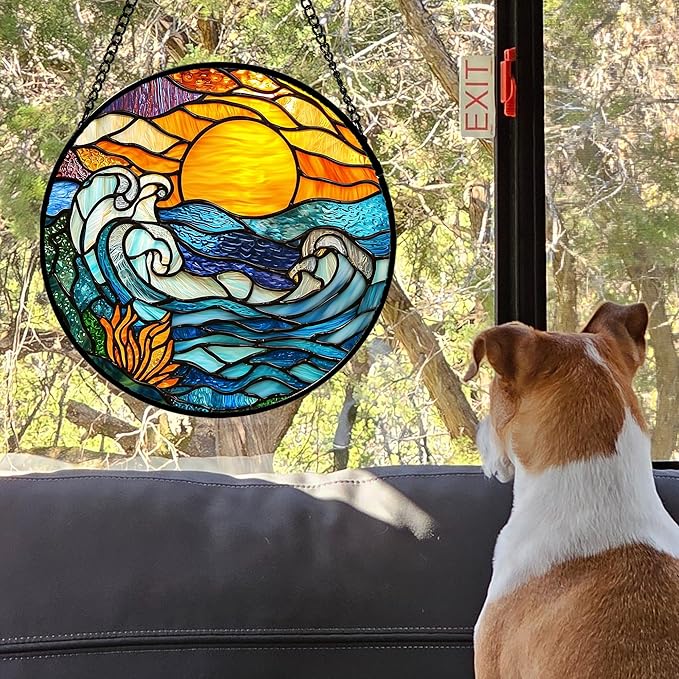 Stained Glass Window Hanging, Orange Sun Blue Sea Waves Landscape Suncatcher for Doors Window Home Sun Catchers Decor Mother's Day Birthday Gifts for Women, Men Mom 7.8 in