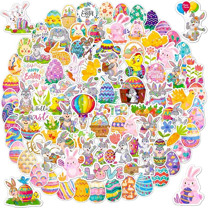 100 Pcs Holographic Easter Stickers,Easter Egg Stuffers Cute Bunny Rabbits Vinyl Waterproof Stickers Basket Stuffers Gifts