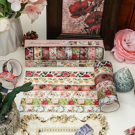 10 Rolls Blooming Flowers Washi Tape Set Floral Arts Adhesive Tapes Colorful Garden Decorative Masking Tape Sets for Craft, Kids, Scrapbook, DIY, Gift Wrapping (1-Pinky)