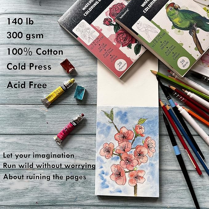 tumuarta Watercolor Coloring Book, 20 Unique Floral Designs, 5x7”, 100% Cotton, 300GSM, 140 LB, 20 Sheets, Cold Press, Acid Free Watercolor Paper Sketchbook, Glue Bound Mixed Media Pad (Flowers)