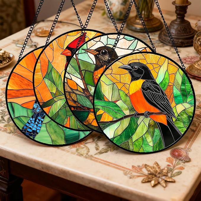 Stained Glass Window Hanging 4 Pcs Set Birds 7.8" - Cardinal Blue Jay Suncatcher Door Garden Sun Catcher Decor Birthday Christmas for Bird Lovers Mom Woman Nana Men