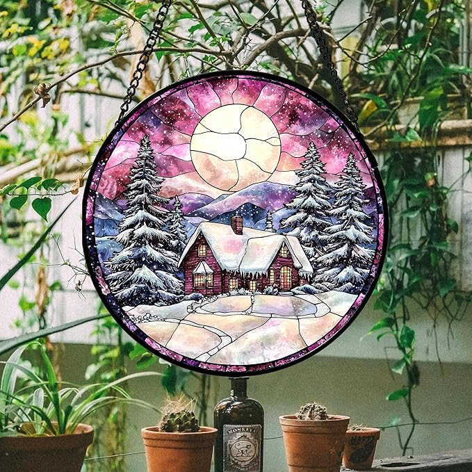 Stained Glass Window Hanging - Winter Snow Scene Cabin Moon Sun Catcher for Door Garden Home Decor Pine Tree Suncatcher Christmas Mother's Day Birthday Gifts for Women Men Mom Nana 15 in