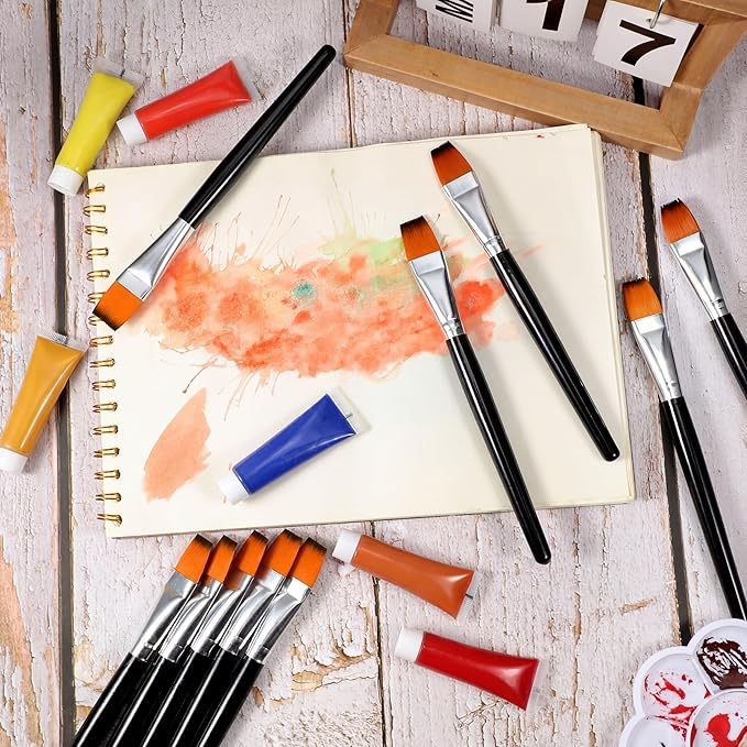 Zonon 10 Pcs 3/4 Inch Flat Paint Brushes Acrylic Painting Craft Accessories Small Watercolor Paint Brushes Bulk for Adult Artist Detail Oil Canvas Face(8.1 x 0.9 x 3/4 Inch,Black)