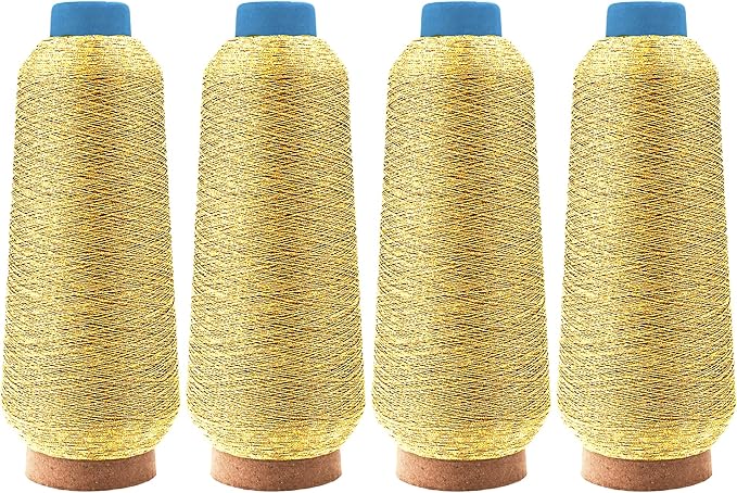 Mandala Crafts 4 Pack of Serger Threads Cones Spools - 150D/2 Polyester Metallic Gold Threads for Sergers Machine and Overlock Quilting Sewing Machine