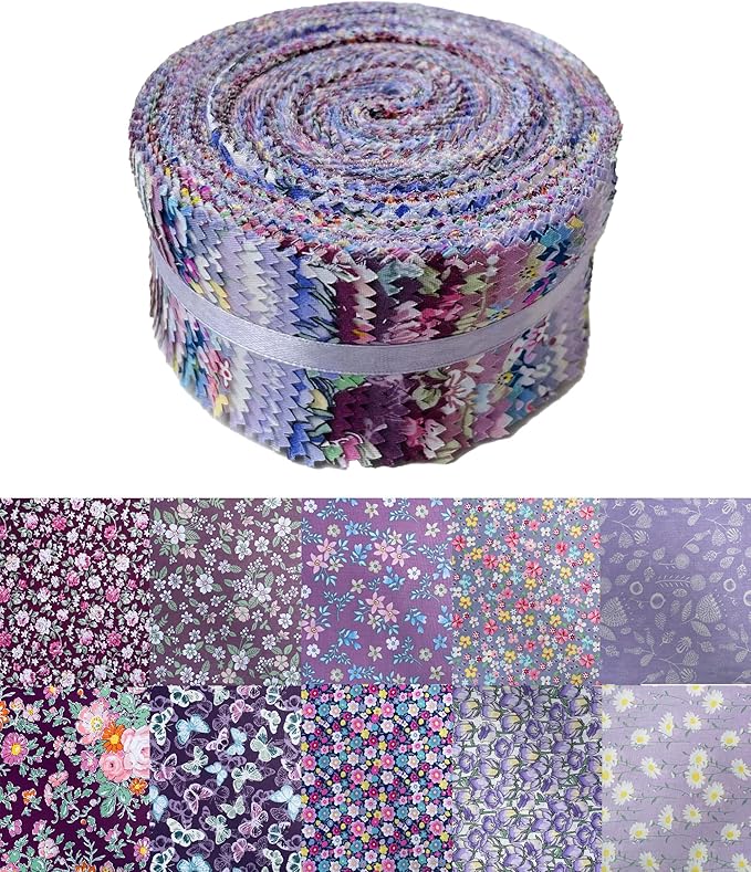 Jelly Roll Fabric 100% Cotton Quilting Fabric, 40 Pre-Cut Strips (2.5 x 44 Inch) for Quilting and Sewing - 10 Assorted Floral Prints- Purple Dreams