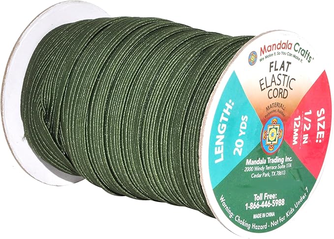 Mandala Crafts 12mm 20 Yds Roll of Olive Green Elastic Bands for Sewing - 1/2 Flat Elastics Cord - 1 2 Inch Braided Stretch Straps for Crafting