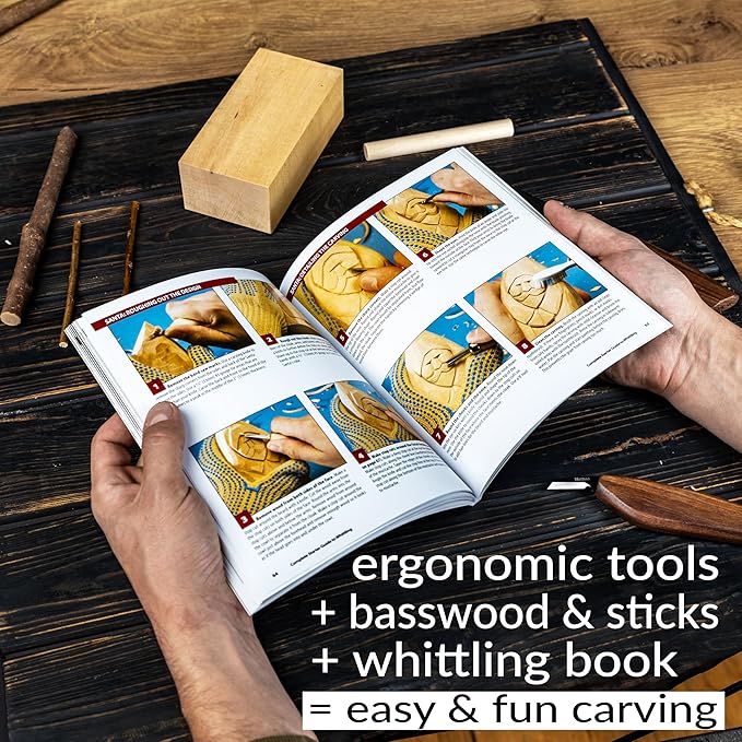 Hutsuls K.37 Wood Carving Kit for Beginners - Pre-Sized Basswood Carving Blocks & Sticks for 15 Projects, All-in-One Wood Whittling Kit for Beginners, Includes Wood Whittling Book for Beginners Kids